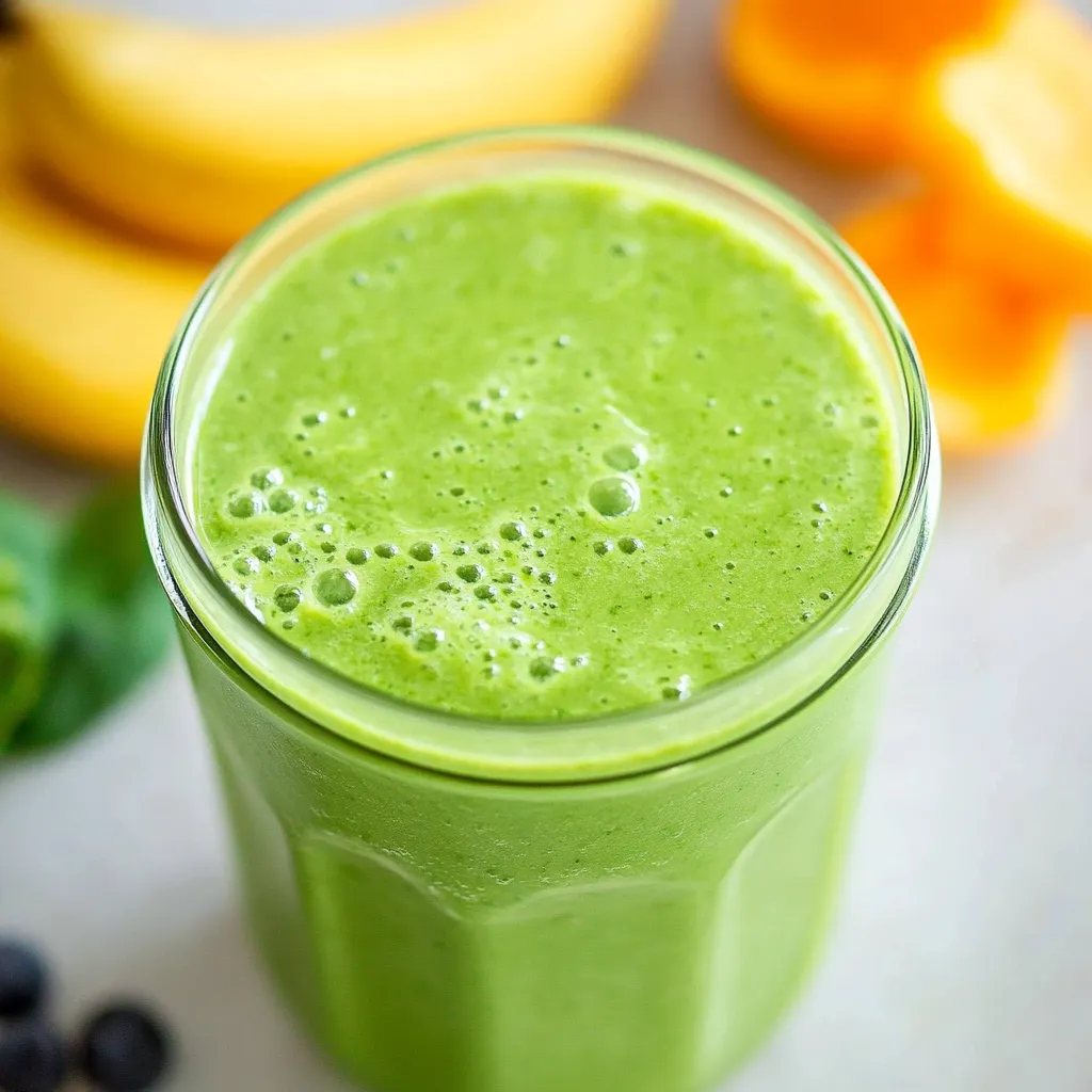 A glass of green smoothie with a banana on the side.