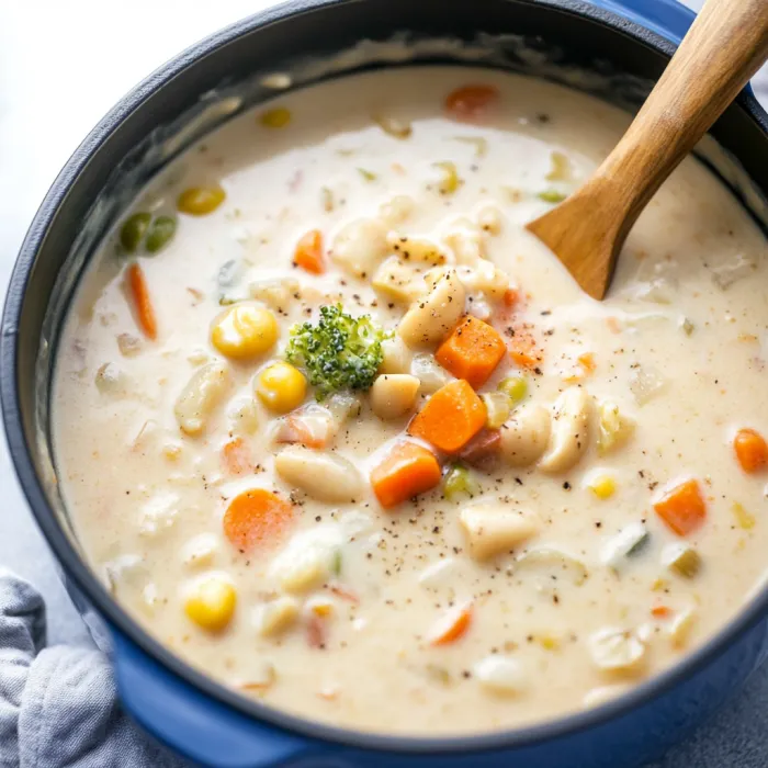 A bowl of soup with a wooden spoon in it.