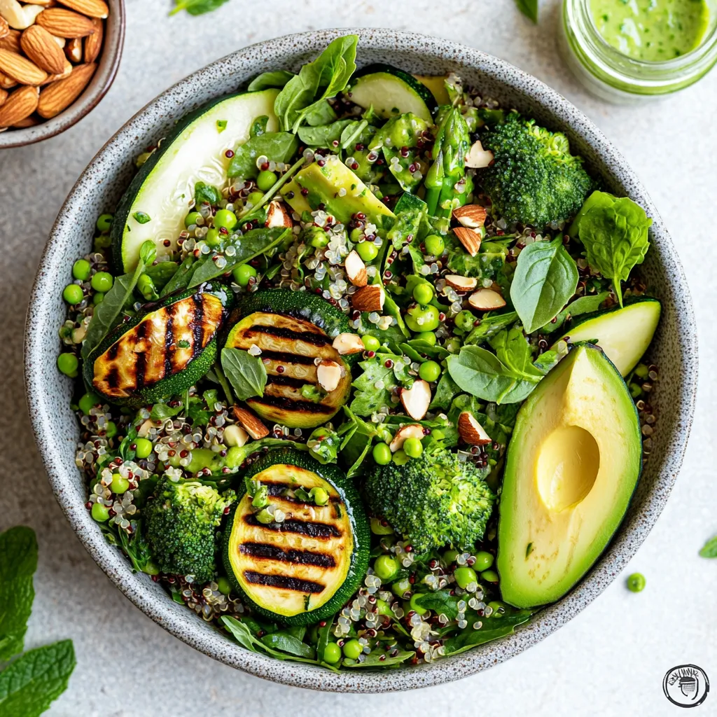 A bowl of vegan salad with avocado, broccoli, and peas.