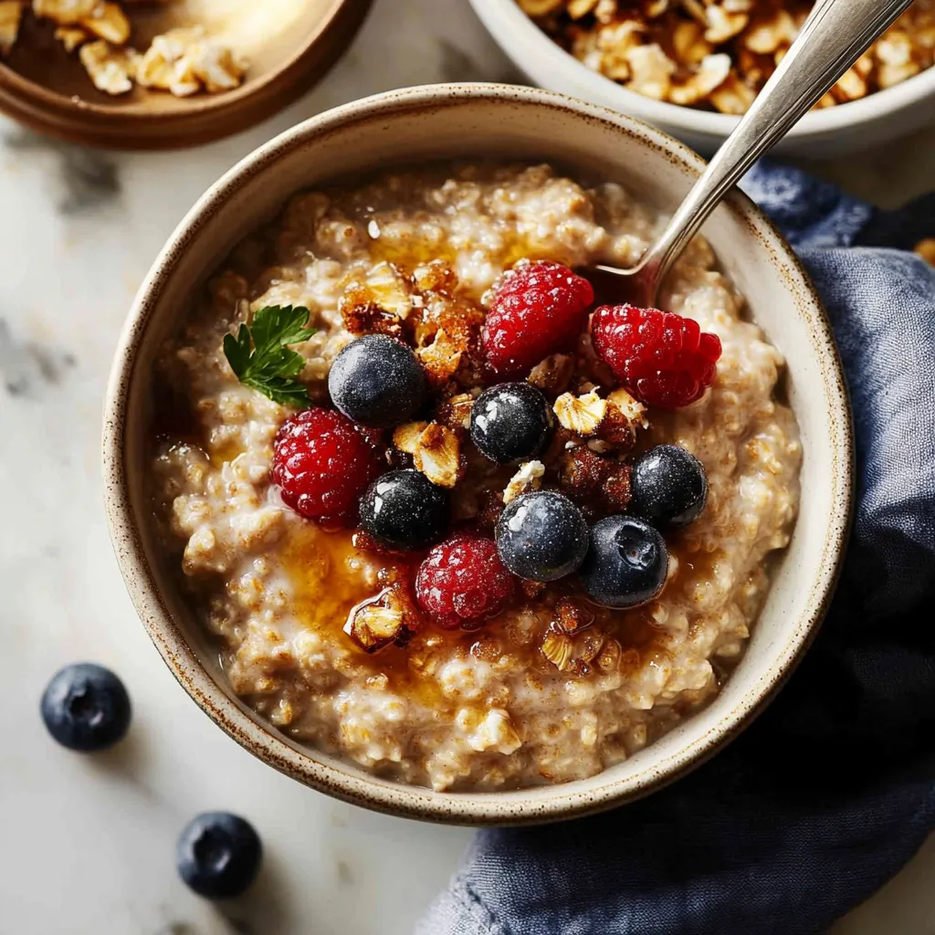 A bowl of oatmeal with berries and nuts.